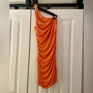 Elegant One Shoulder Orange Rouched Dress